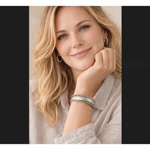 J Jill Silver Tone Hinged Bangle Bracelet Rope Trim Classic Minimalist Magnetic